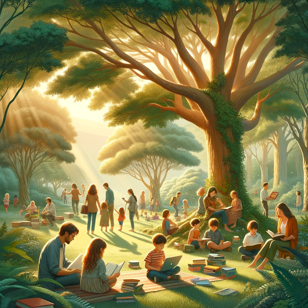 Image of kids around a tree learning